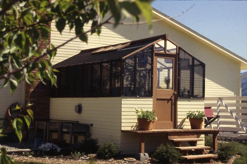 Deluxe Greenhouse Gallery - Sturdi-Built Greenhouses - Painted redwood greenhouse attached at one end